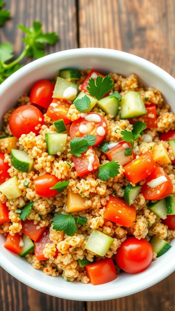 A vibrant quinoa salad with cherry tomatoes, cucumber, bell pepper, and parsley on a wooden table.